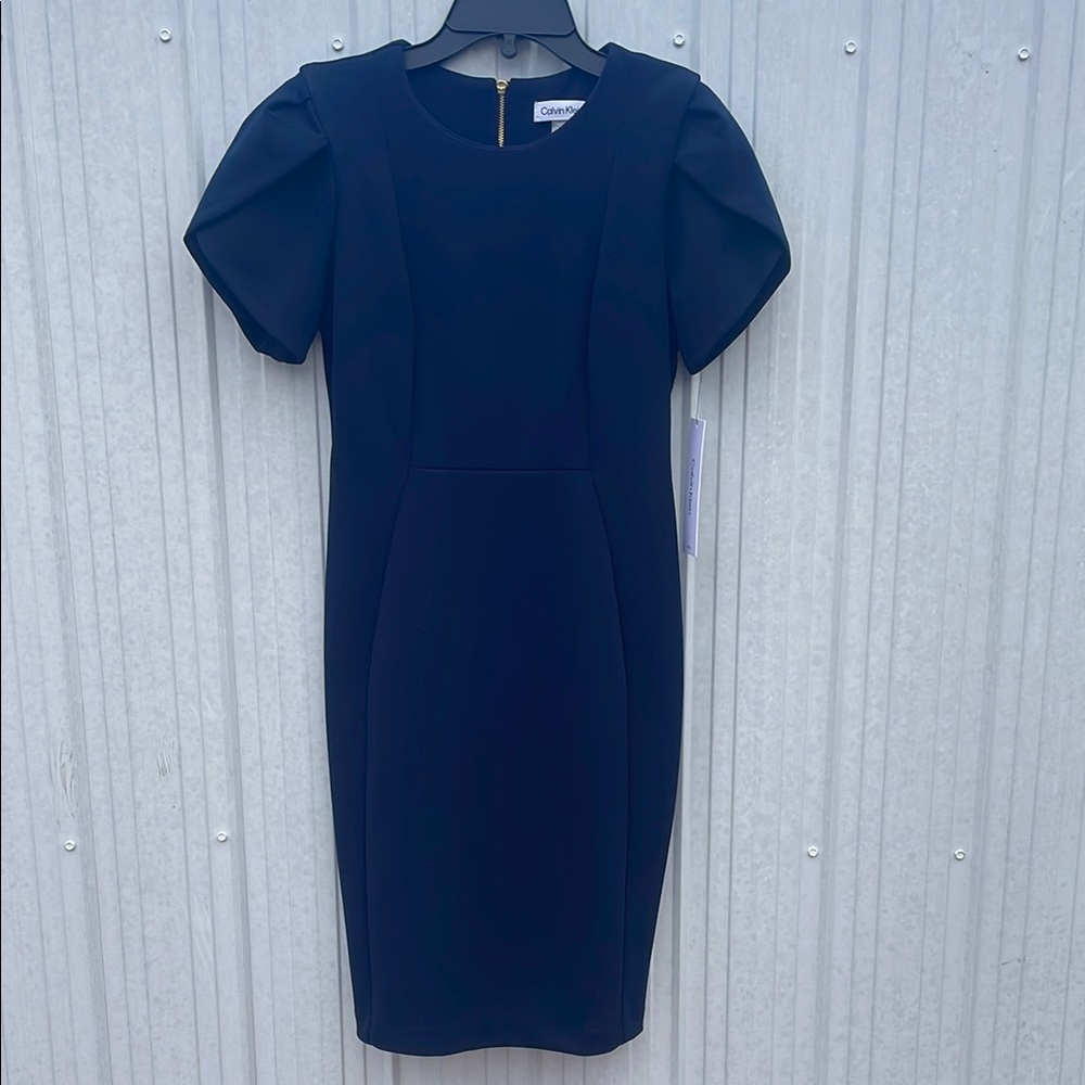 Calvin Klein Blue Sheath Dress with Puff Sleeves